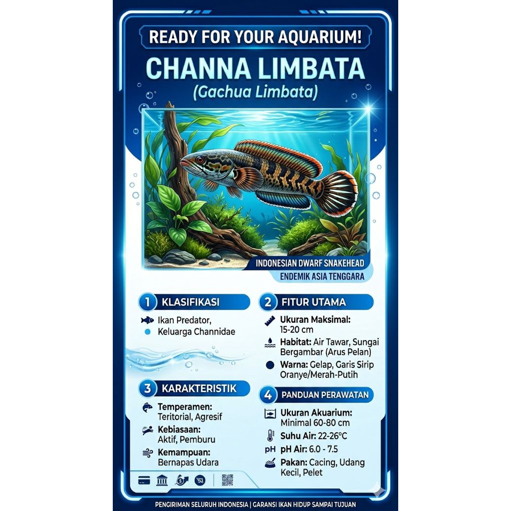 Ikan Hias Channa Limbata Gachua Predator - Ukuran [random] Berkualitas Pakan Pelet Cacing Hidup