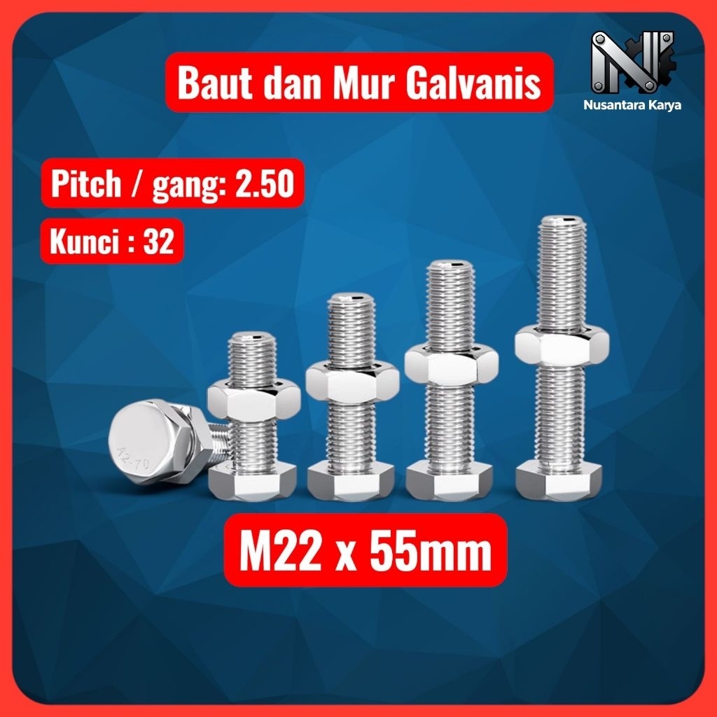 baut mur Hex putih / Baut Mur Galvanis M22 x 55mm