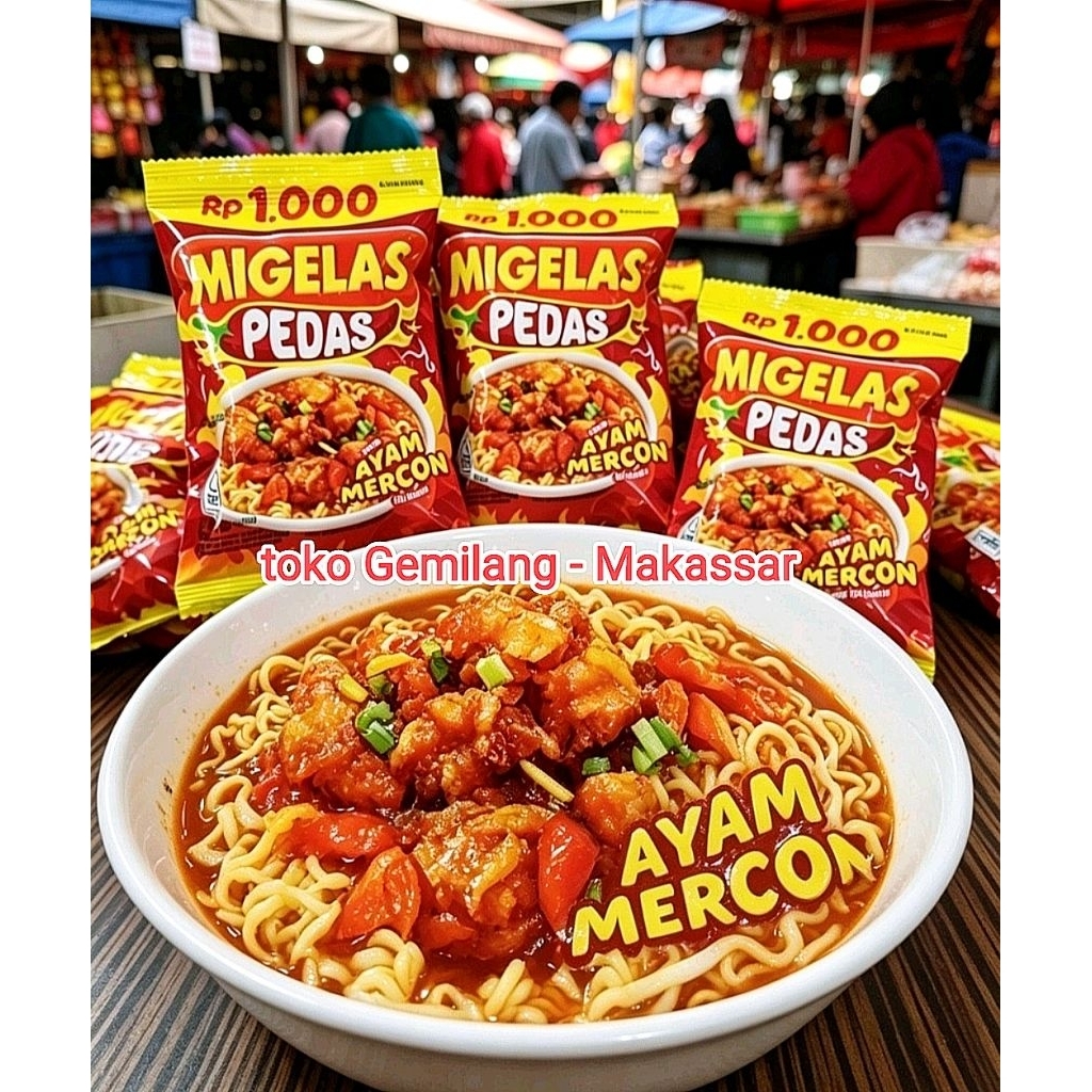 Migelas pedas renteng isi 10 pcs @ 26 g rasa ayam mercon, mi kuah, praktis, enak dan gurih