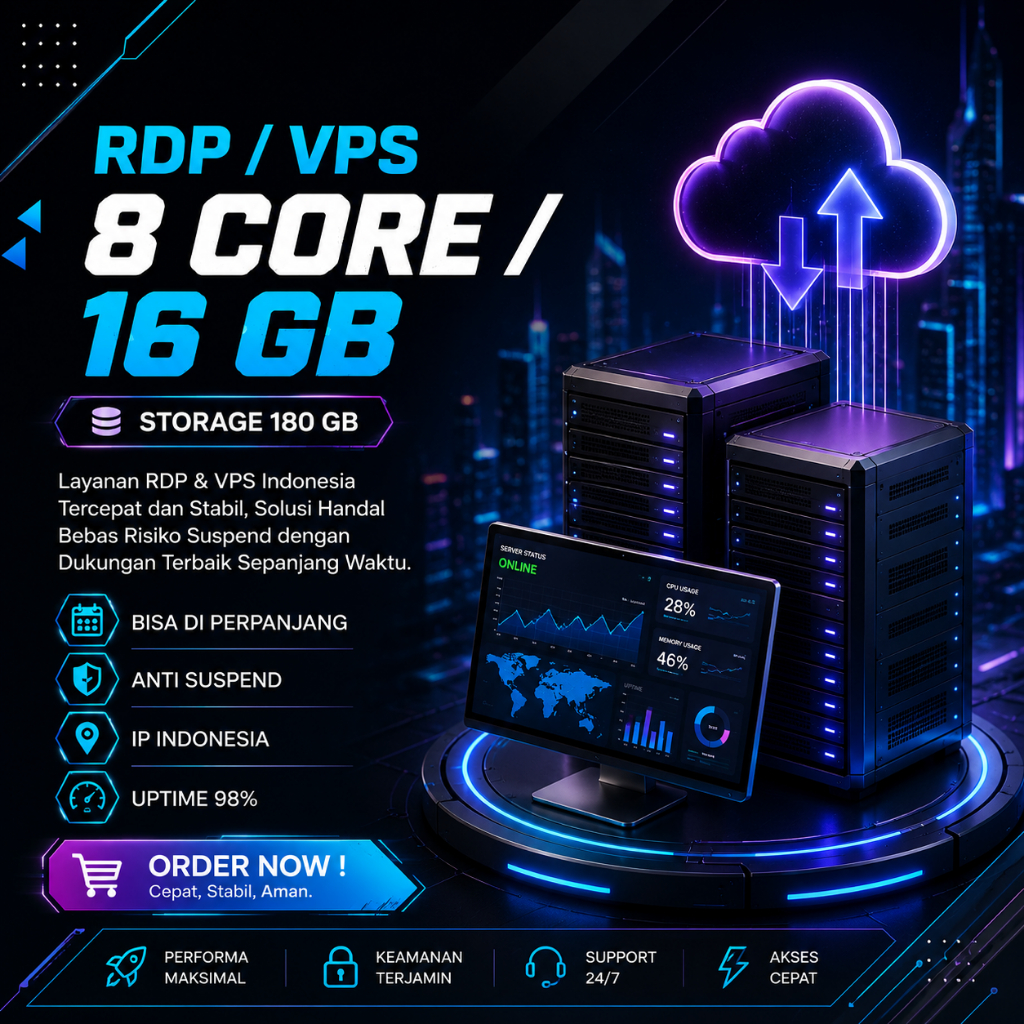 RDP / VPS 8 CORE 16 GB RAM GARANSI 1 BULAN