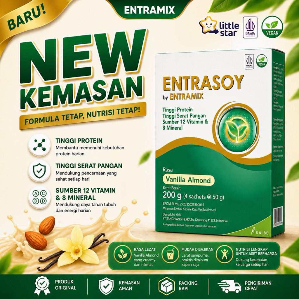 ENTRASOY VANILLA ALMOND SOYA 200 GR | SUSU NUTRISI DEWASA TINGGI PROTEIN SERAT