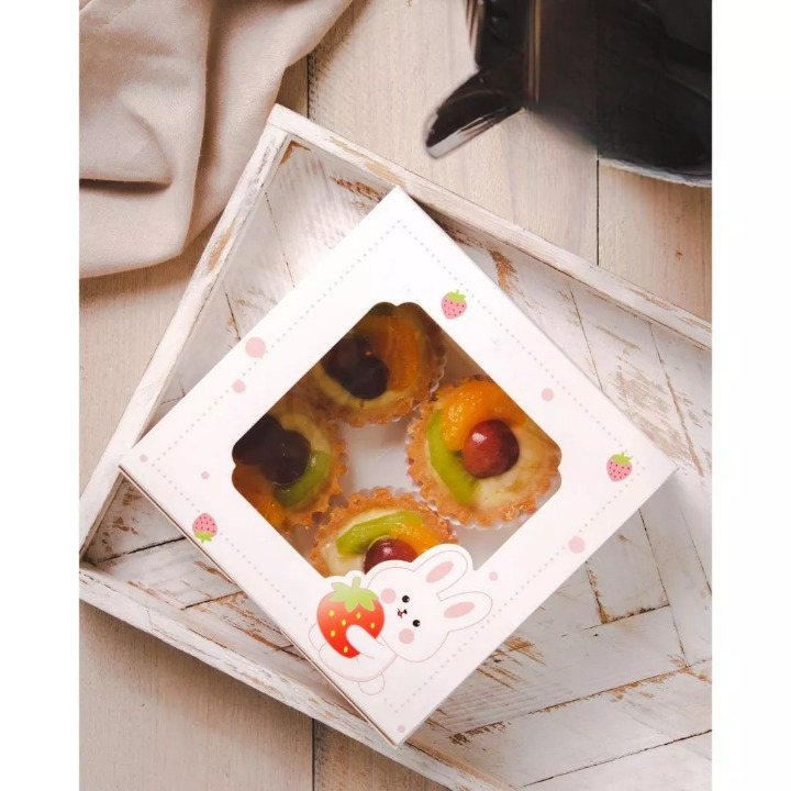(10 Pcs) Box Packaging Kue Pie Jendela Dus Kotak Kue Pie Motif Bunny Strawberry