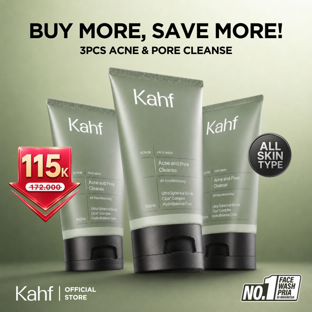 Triple Pack Kahf Face Wash Acne and Pore Cleanse Scrub 100 ml - 3 pcs Sabun Cuci Muka Pria Scrub Mel