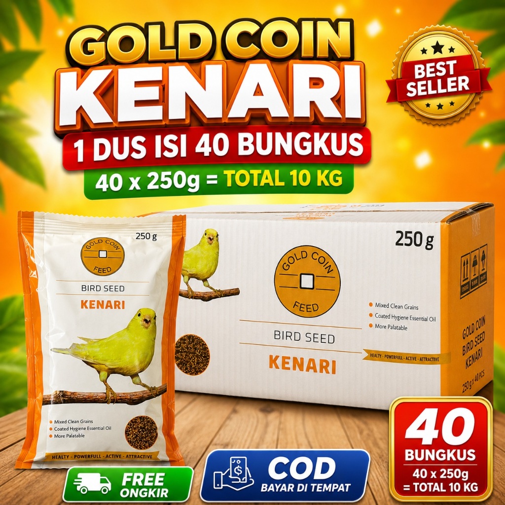 Gold Coin Kenari 250gr 1 Dus Isi 40 Bungkus Total 10Kg Pakan Burung Kenari Biji Kenari Premium