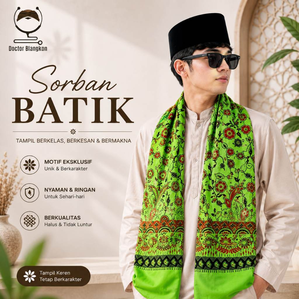 Sorban Habib Bahar Bahan Rayon Goyor Motif Batik Terompah Surban Santri Pondok Pesantren Rida Solo