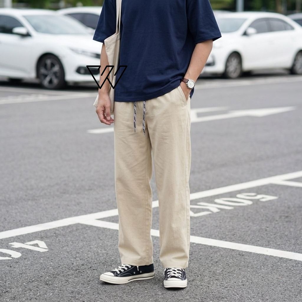 Celana Trouser Wide Pants Pria/Loose Pants Katun Adem Pinggang Karet