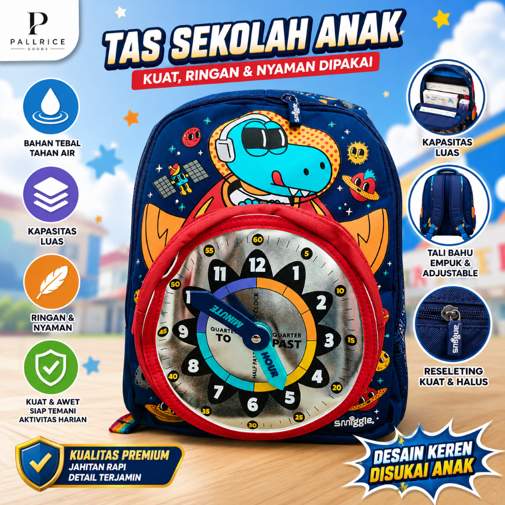 Tas Sekolah Anak Smiggle Dinosaurus Jam Belajar Edukatif Ransel TK PAUD Ringan dan Nyaman