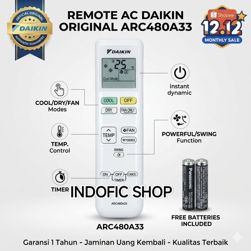 REMOTE AC DAIKIN ARC480A33 ORIGINAL DAIKIN FTC15NV14 FTC25NV14 FTC35NV14