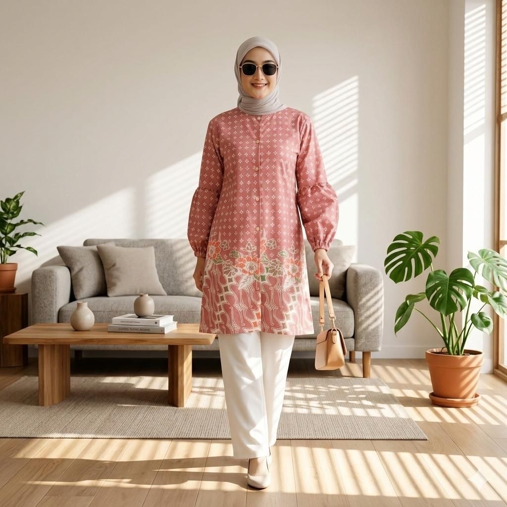 Tunik Batik Wanita Modern Tunik Kancing Lengan Balon Atasan Batik full Kancing Depan