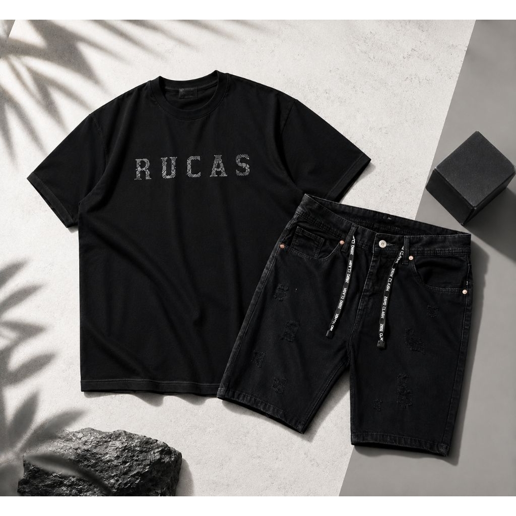 Rucas T-shirt Setelan Kaos Unisex Rucas Dan Celana Jeans Pendek Sobek Ripedd