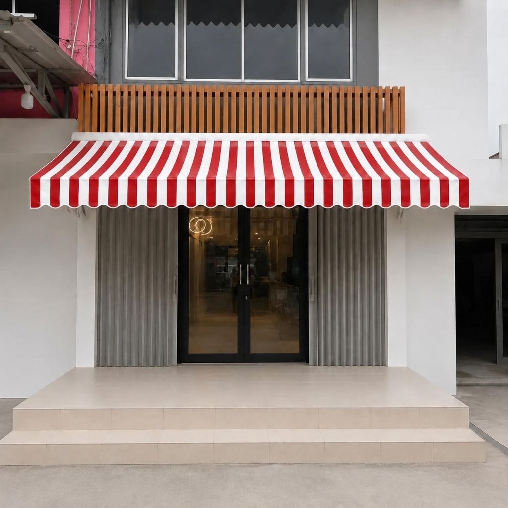 Kanopi Kain Awning Bergaris Merah Putih, Elegan dan Menarik untuk Tampilan Fasad