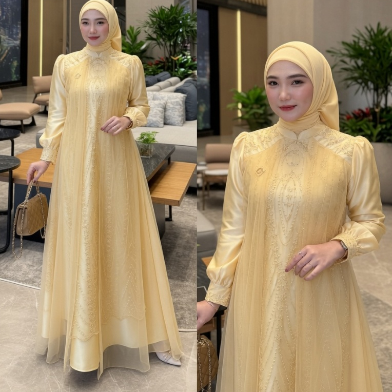 LEYA DRESS gamis pesta mewah terbaru 2026 lebaran gamis wanita simpel elegan gamis cantik mahogany j