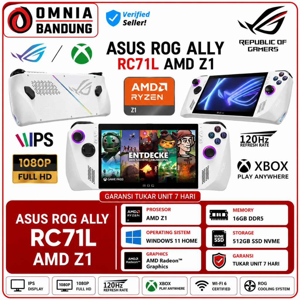 ASUS ROG Ally RC71L AMD Z1 RAM 16GB SSD 512GB 7 Inch FHD 120Hz Windows 11 White  Second New Murah