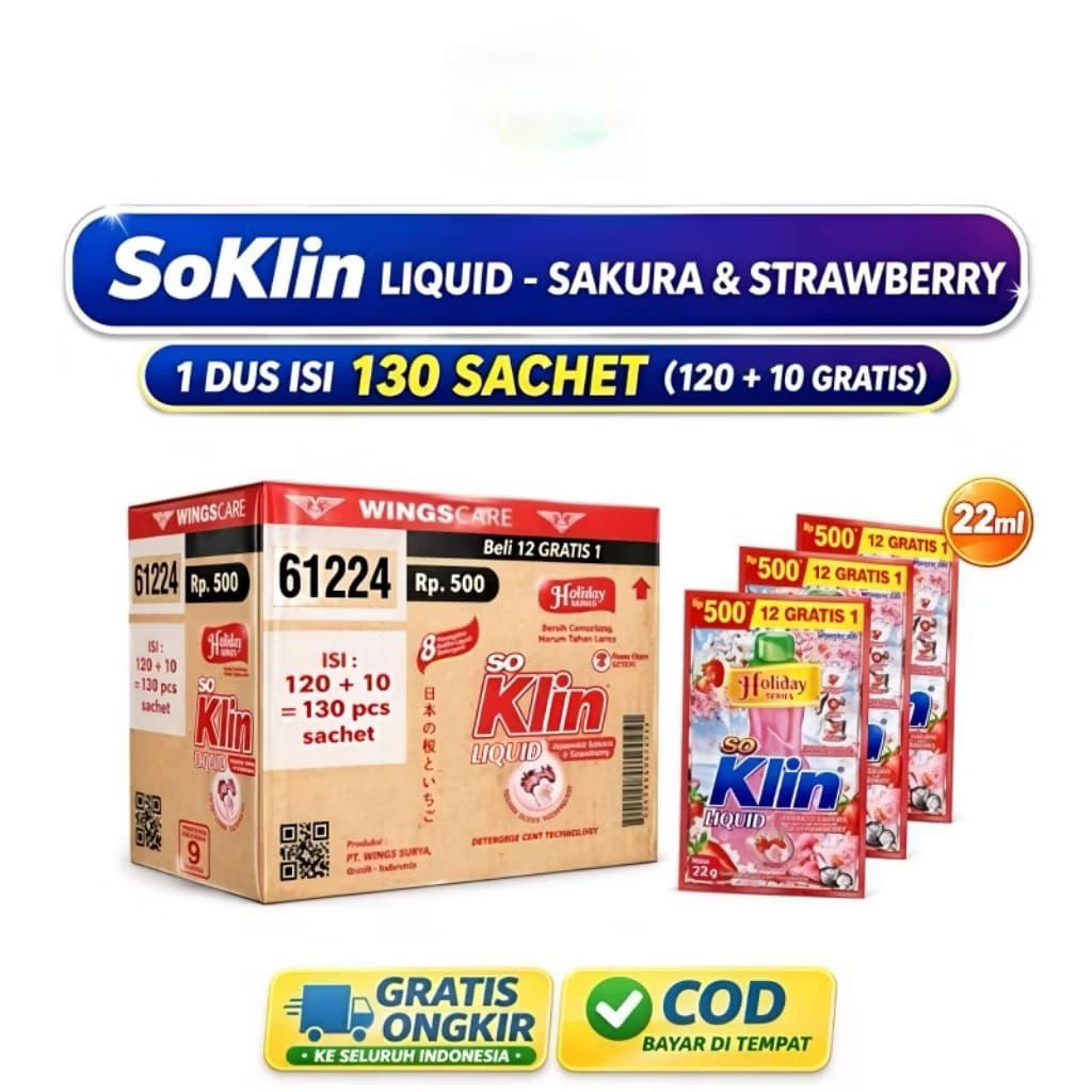 New Soklin Liquid Cair 22ml 1 Dus Isi 130 Sachet (120+10) Detergen Cair Cuci Baju Ecer 500