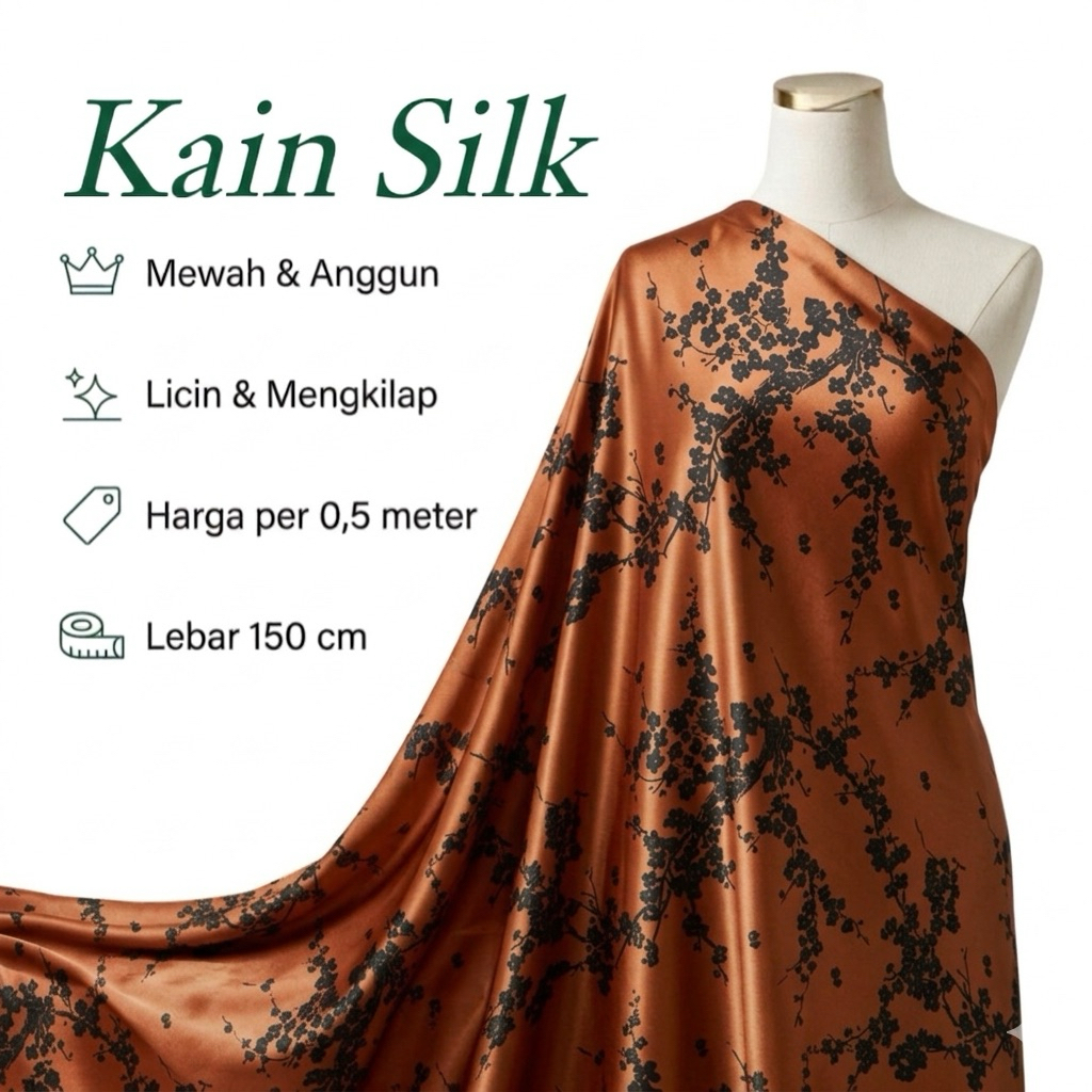 Kain Satin Silk Motif Sakura Terracotta - Bahan Gamis & Dress Mewah Meteran - Satin Silk Premium Hal