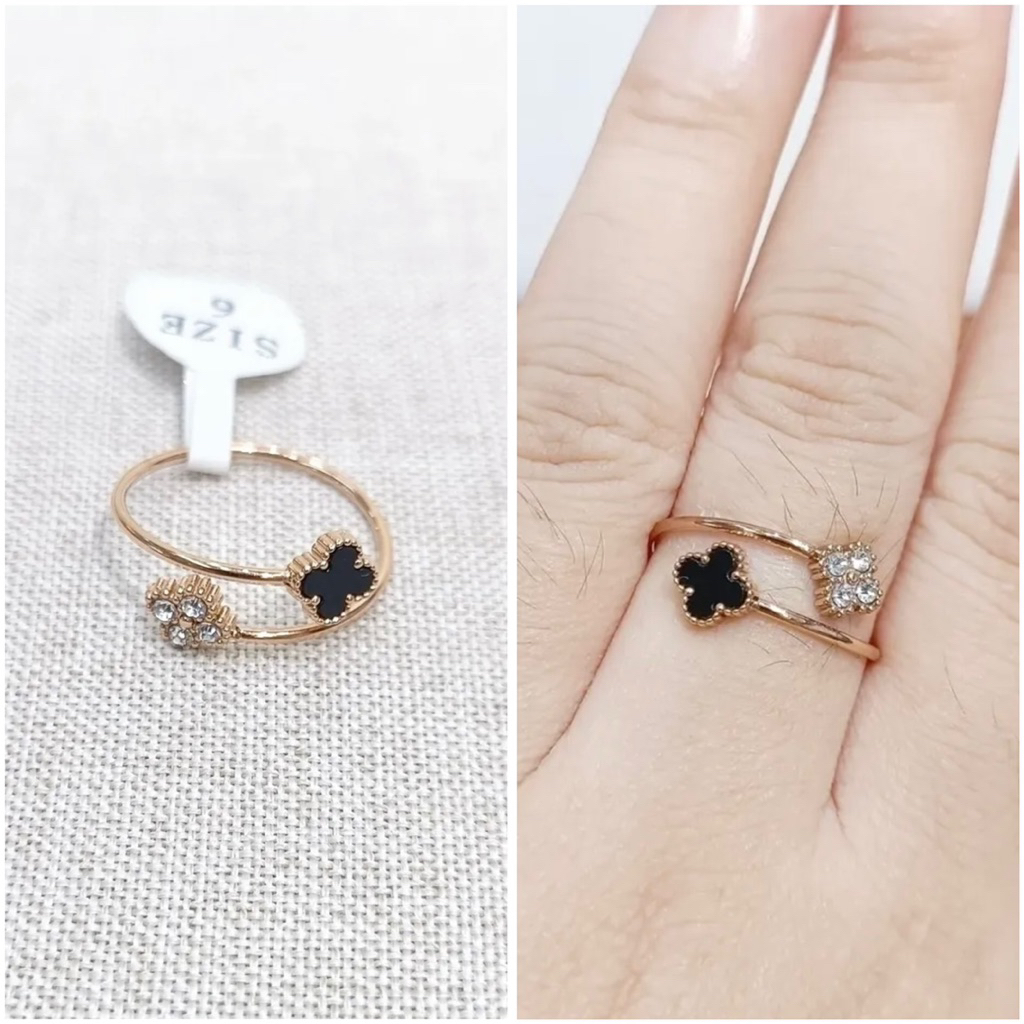 Cincin titanium tipis sling bunga clover hitam mix alhambra diamond