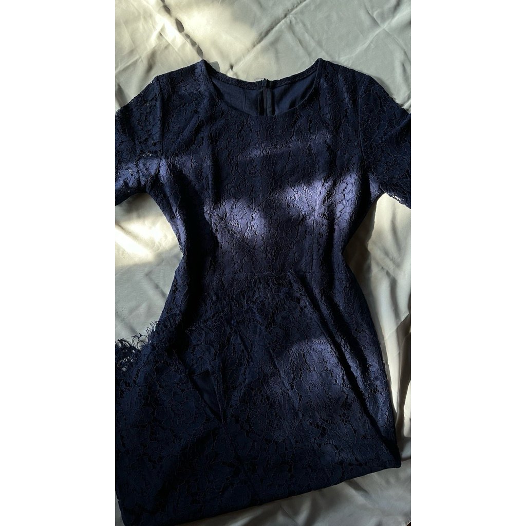 Navy Blue Elegant Lace Dress - Dress Brokat Biru Dongker
