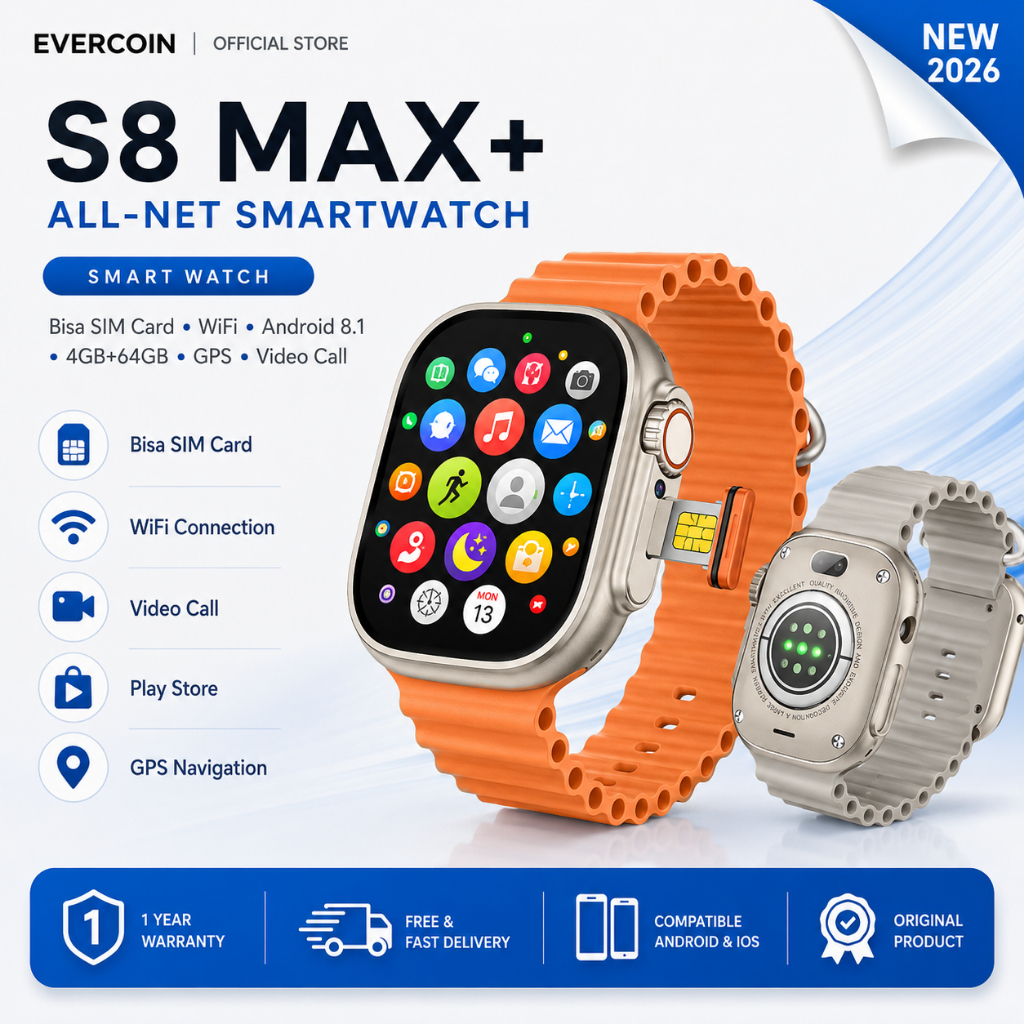 EVERCOIN Smartwatch S8 MAX+ SIM CARD 5G Kamera Telepon Video GPS WIFI Play Store Kalkulator Kesehata