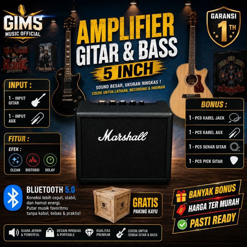 Ampli Gitar & Bass Bluetooth 2 Input 5 Inch Bonus Kabel Jack & Senar Gitar & Pick Gitar & Kabel Aux