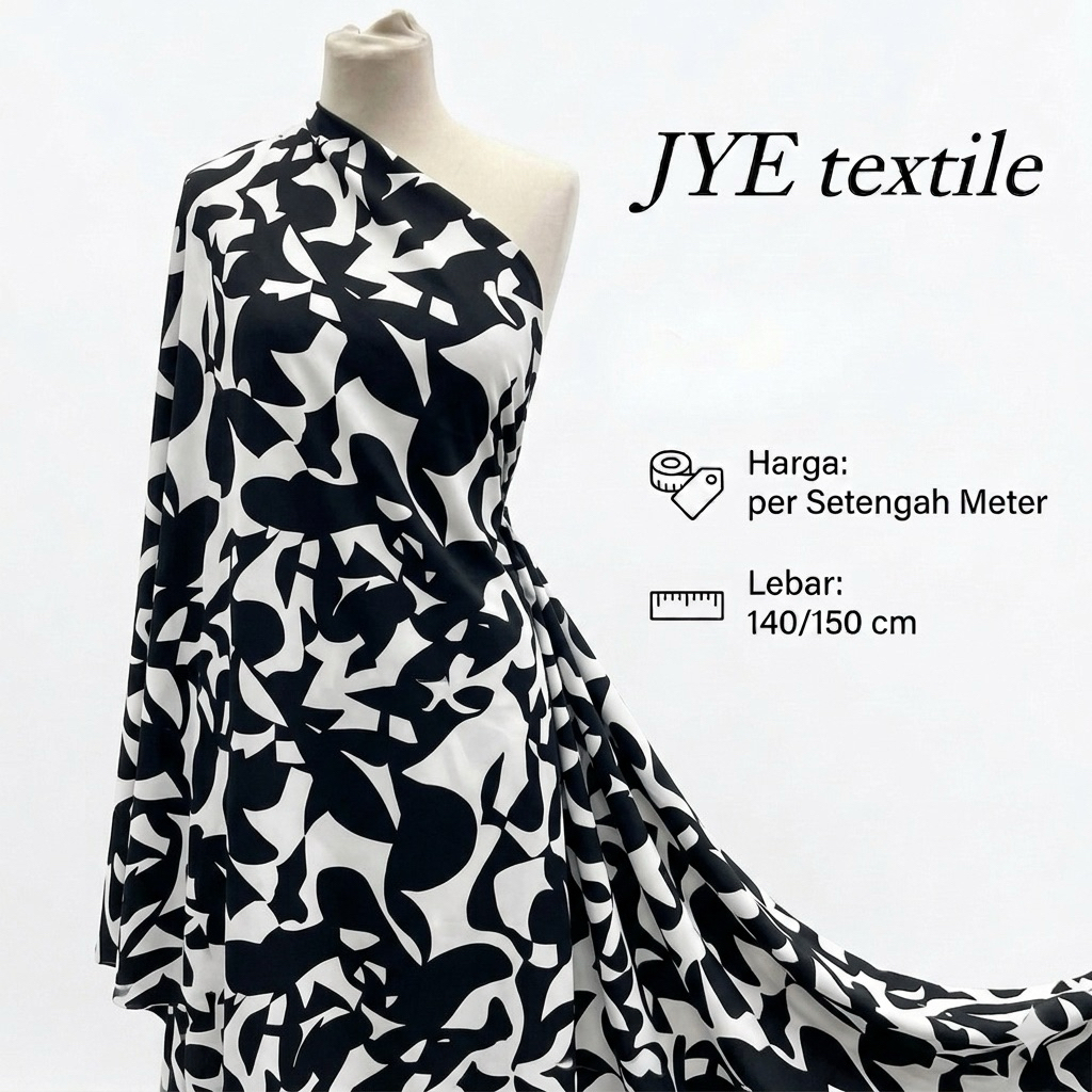 Kain Satin silk Eksklusif Motif Abstrak hitam putih – Cocok untuk Dress, Tunik, atau Blouse lq