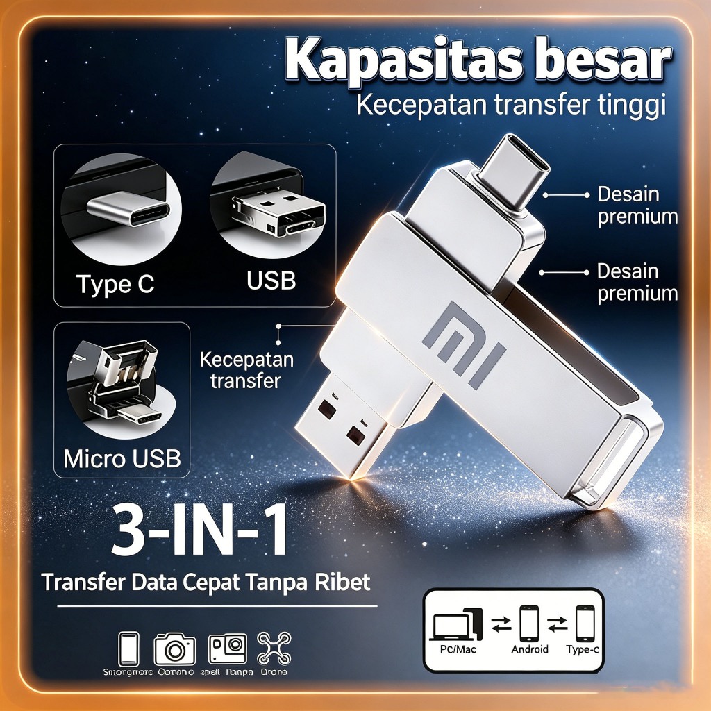 Flashdisk 2in1 High Speed Type-C USB 3.0 - 1TB/2TB Bodi Metal untuk Langsung Sambung ke Android dan 