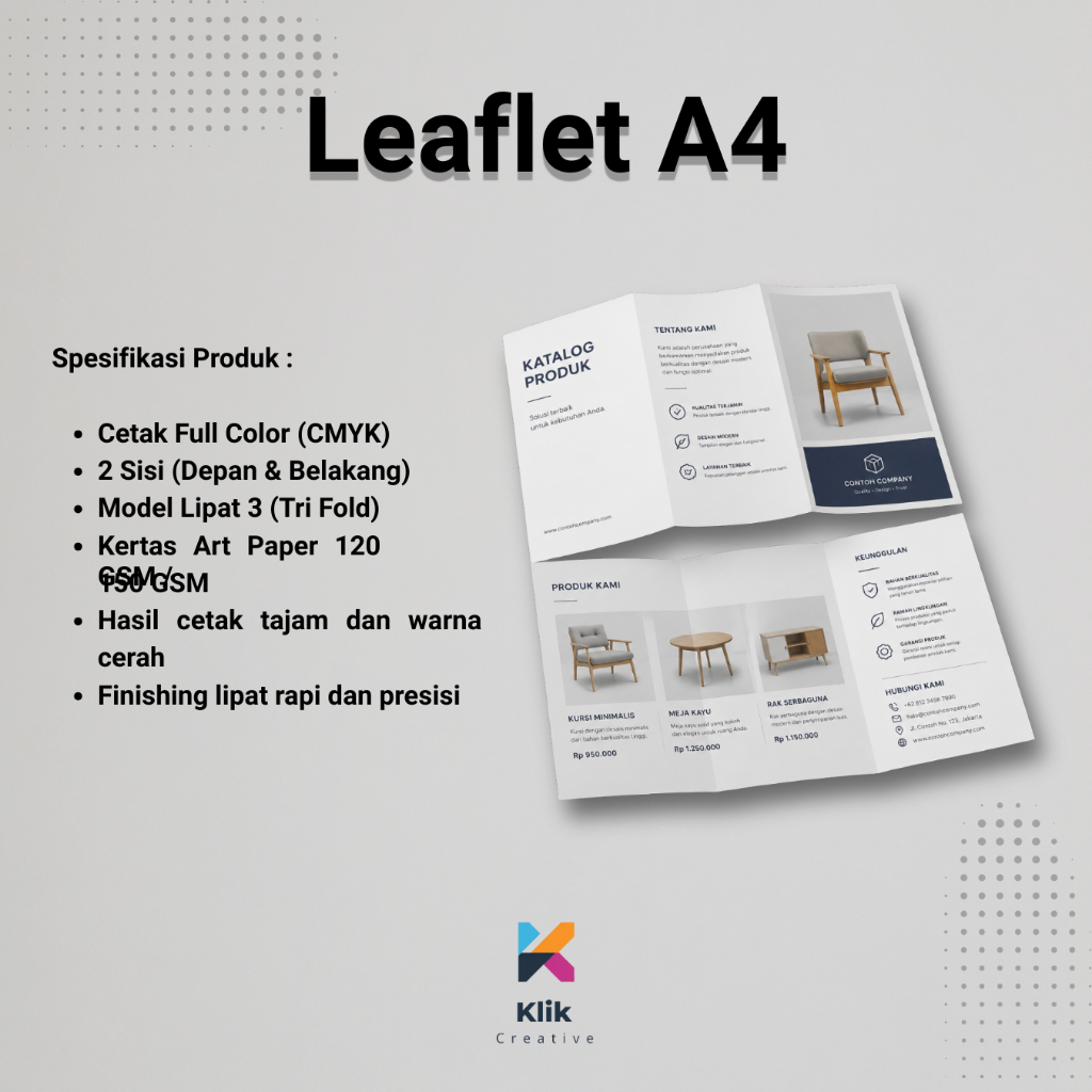 Jasa Cetak Leaflet Lipat Full Color | Brosur Lipat 3 (Tri Fold) | Art Paper 120/150 GSM | Desain & C