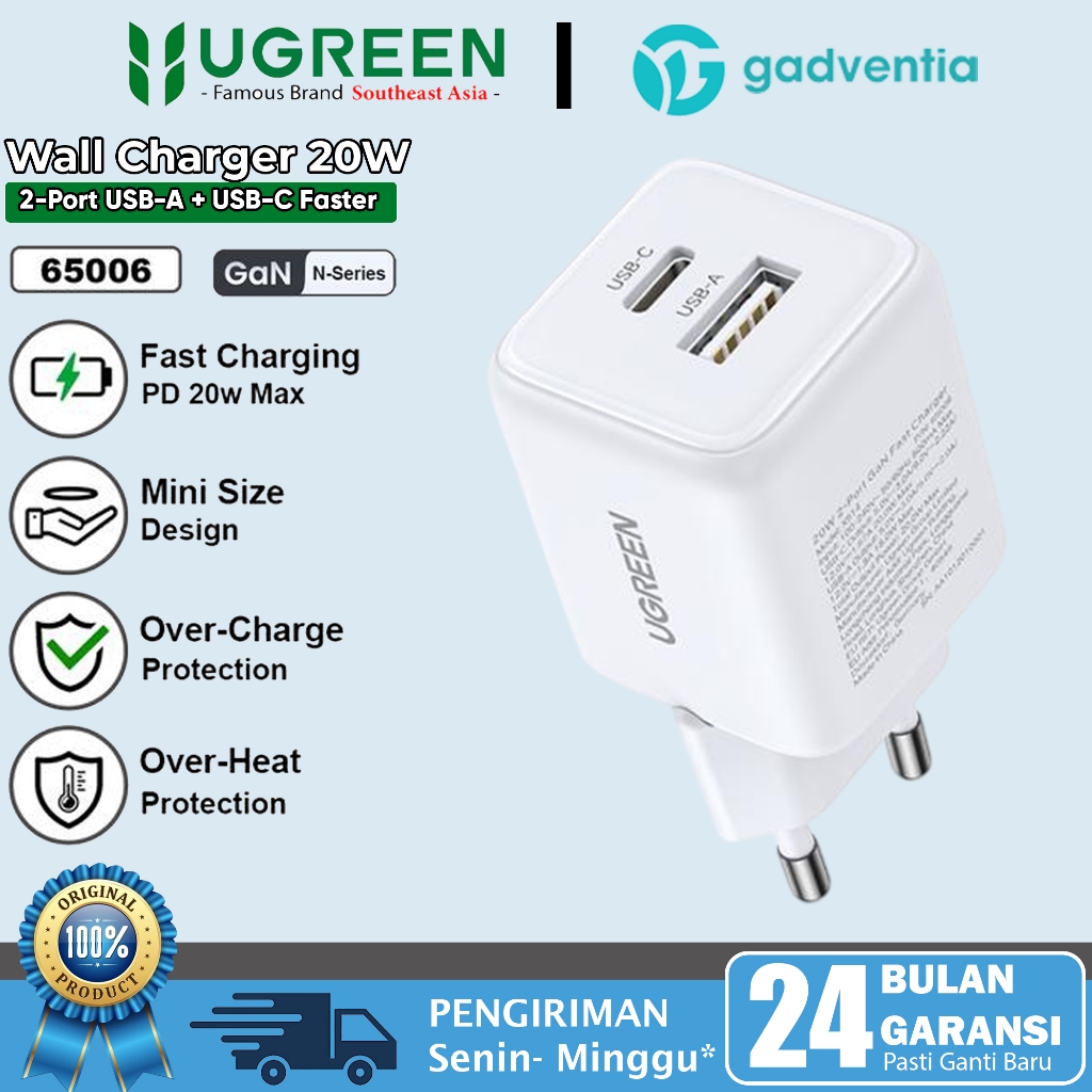 UGREEN Kepala Charger Dual Port USB A + USB Type C Fast Charging 20W 30W 45W For iPhone Android