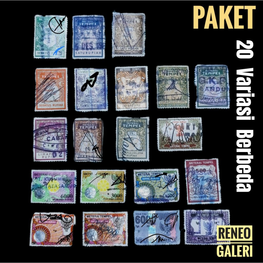 Paket 20 Variasi Materai Kuno Bekas meterai lama matrai metrai antik stempel pos lembar koleksi Fila