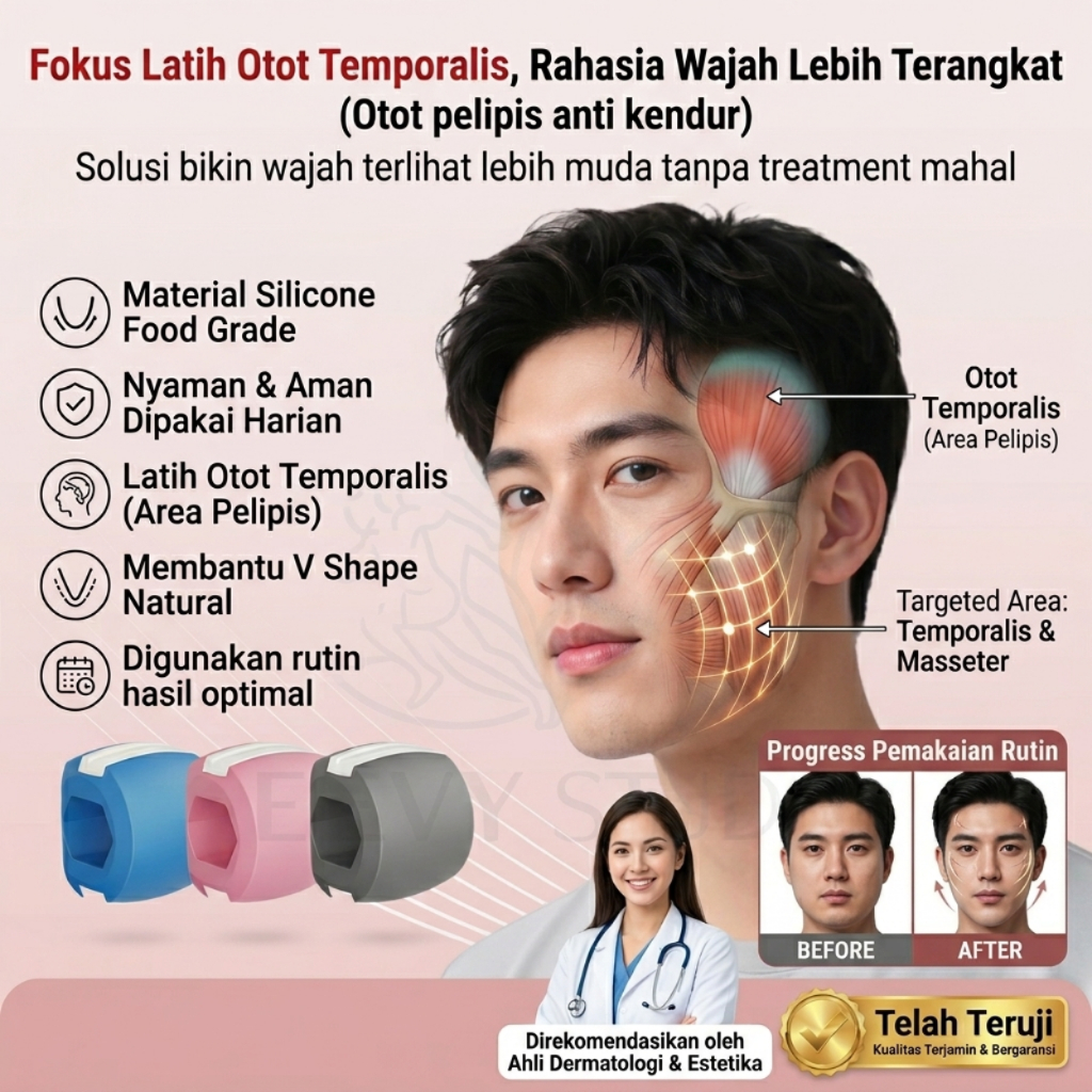 Alat Latihan Otot Temporalis Silicone Food Grade, Membantu V Shape Natural, Pilihan Warna Biru Pink 