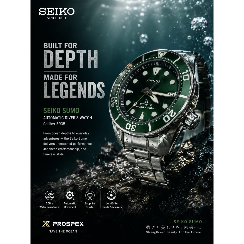 Seiko Prospex SPB103J1 Sumo Hulk Green Dial Stainless Steel Strap Jam Tangan Pria Original