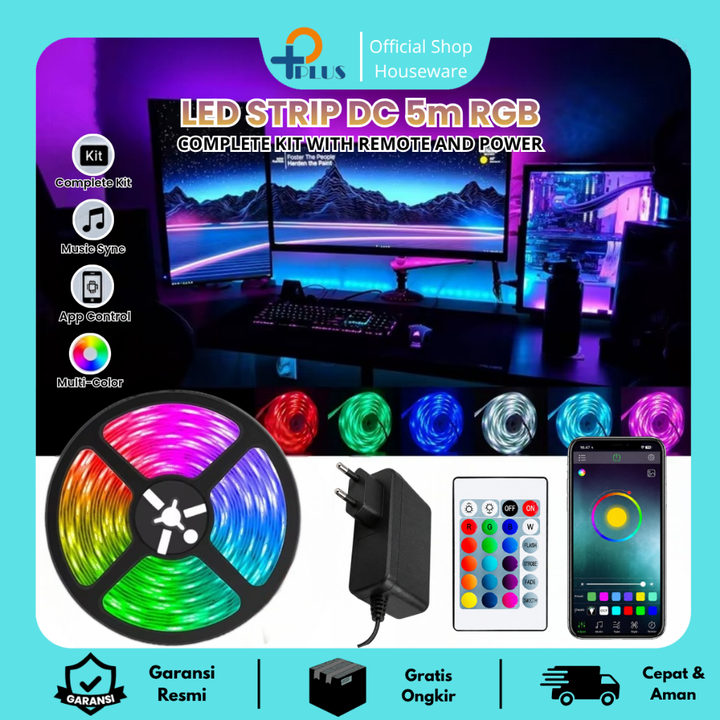 [ Pplus ] PAKET LAMPU LED STRIP 5050 2835 RGB 5M / SENSOR MUSIK BLUETOOTH  IP44 RGB REMOTE / LAMPU H