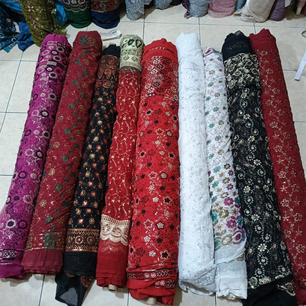 Kain Sari India Bordiran Motif Bunga Rambat / Kain Sari India Motif Bunga / Kain Sifon Bordir Motif 