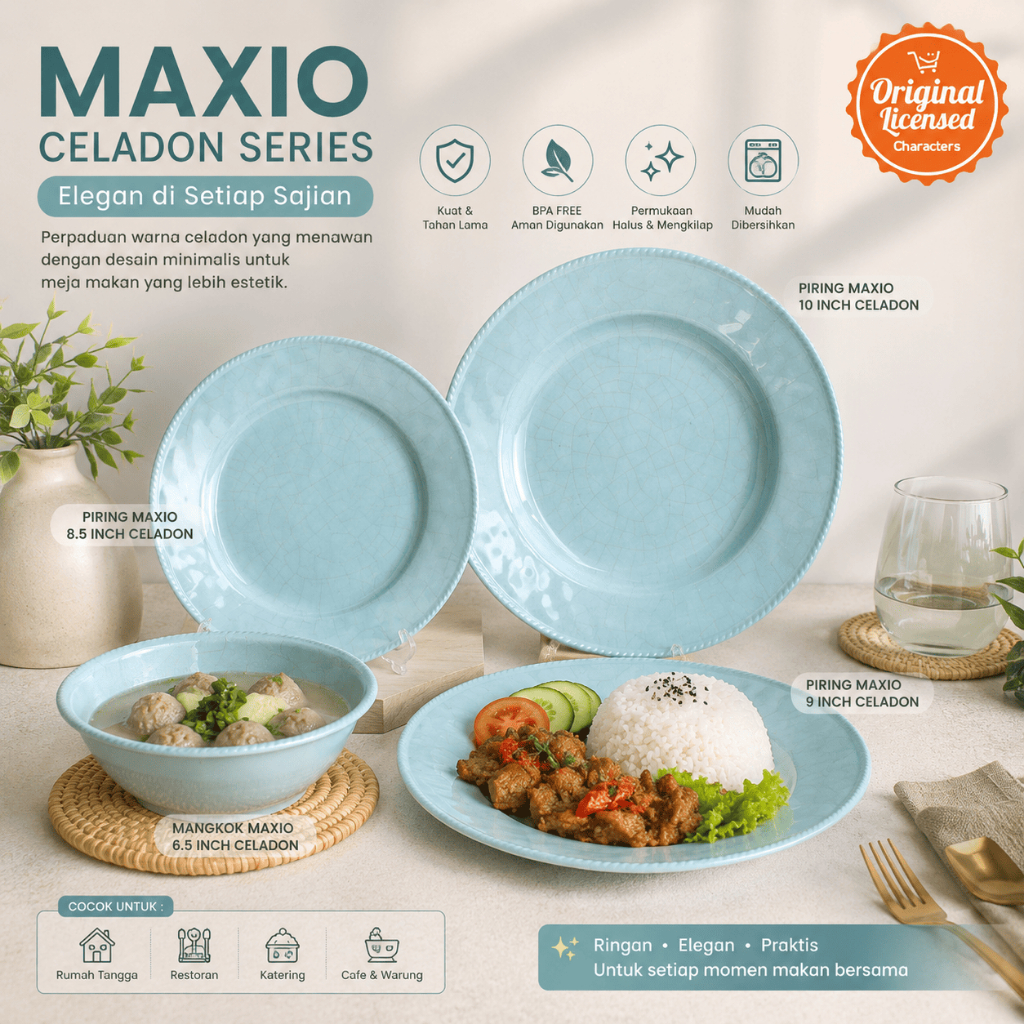 Set Peralatan Makan Maxio Celadon - Melamin Premium Warna Celadon, Ringan & Kuat