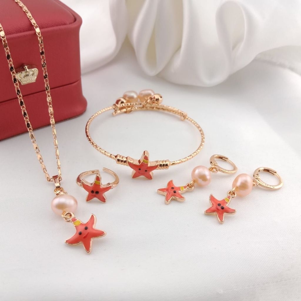 ​Set Perhiasan Anak Mutiara Lombok Asli Karakter Bintang Laut Lapis Emas - Paket Kalung Gelang Cinci
