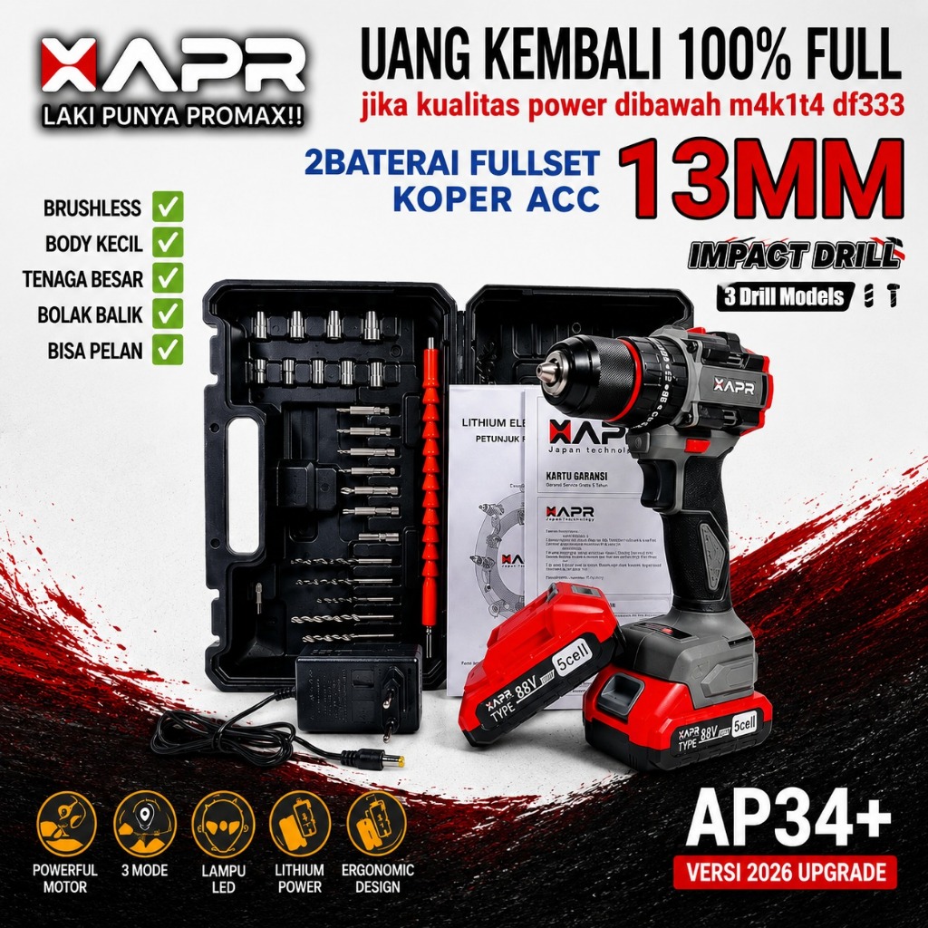 APR BOR Baterai AP34+ 13mm BRUSHLESS keyless auto lock 2batre lxt 88v besi kayu driver sekrup drill