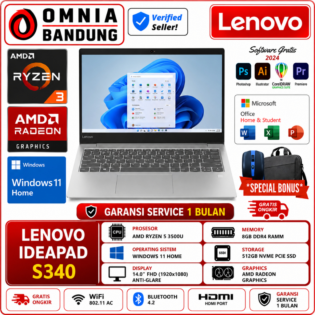 Laptop Slim Second Lenovo IdeaPad S340 Ryzen 5 3500U RAM 8GB 512GB SSD Layar 14 Inch Murah Siap Paka
