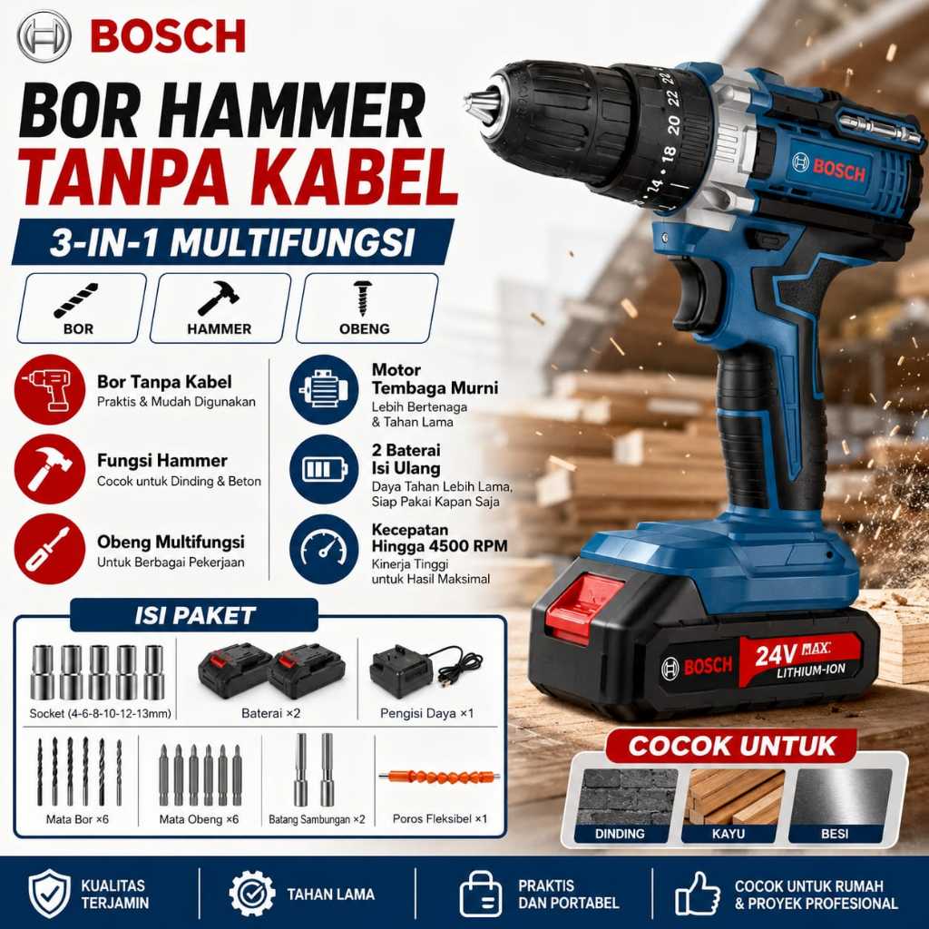 Bor Listrik Baterai Cordless Bosch 2 Set Baterai 36V