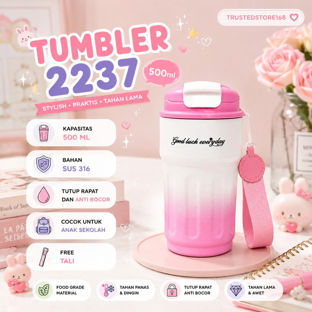 Caitlynmart Tumbler Stainless 500ml 2237 / Botol Minum Mode Teguk + Led & Gantungan / Mug Stylish & 