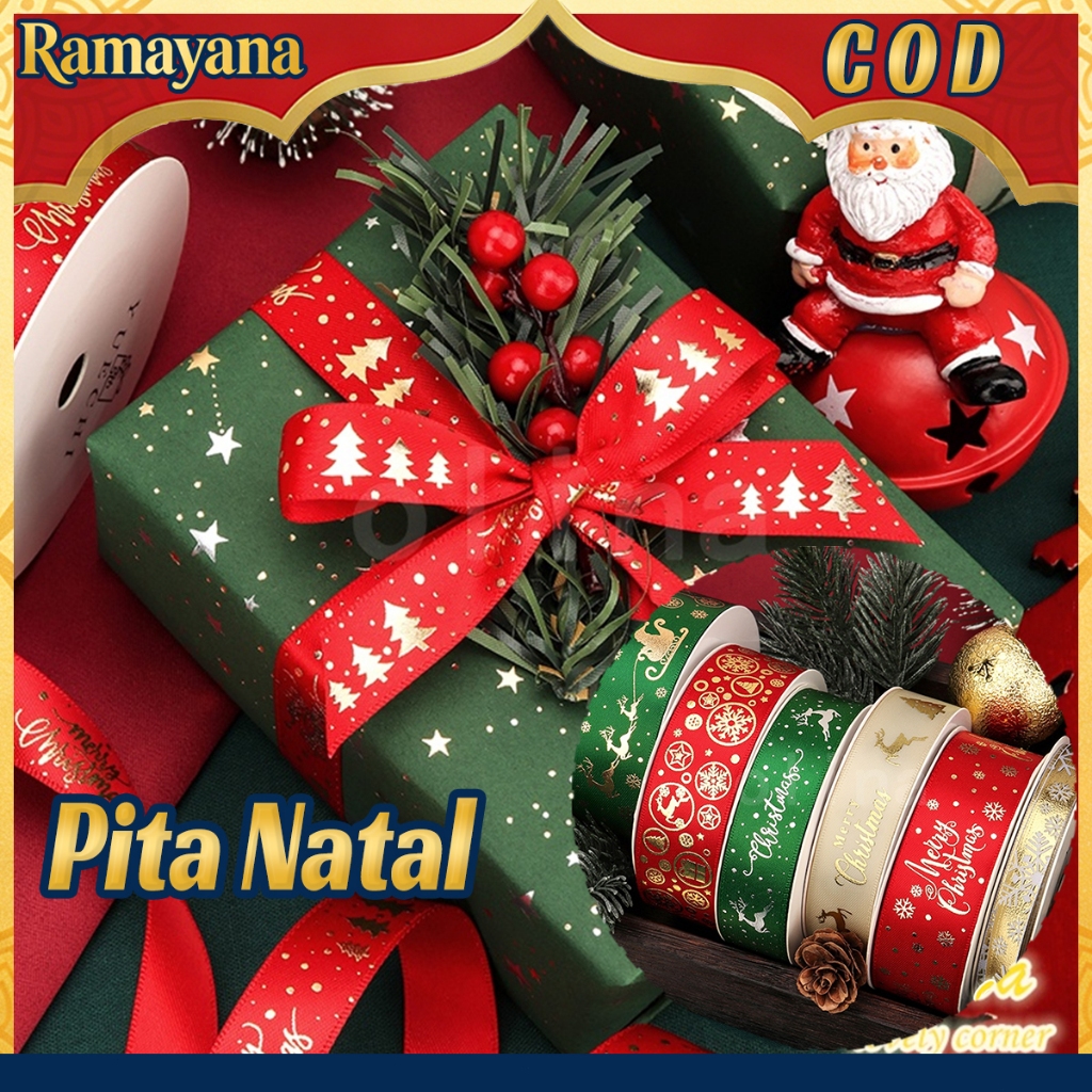 23m x 2.5cm Pita Kado Natal Emas Motif Merry Christmas Ribbon Natal Hampers Pita Christmas Untuk Dek