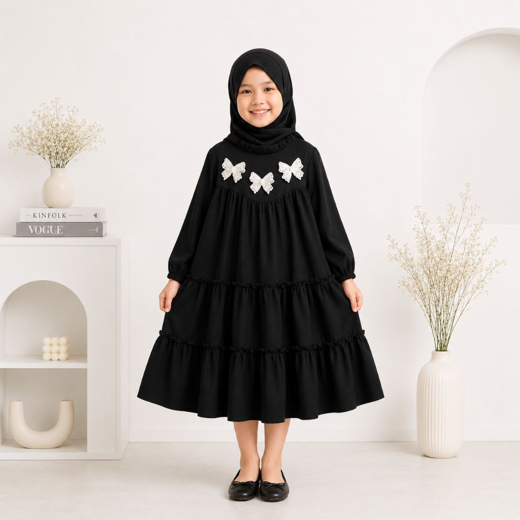 Gamis Rayon Twill | Gamis Anak Terbaru Bahan Adem mix Pita Mutiara Bordir