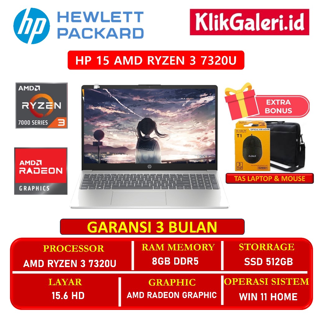 HP 15 Laptop AMD Ryzen 3 7320U 8GB DDR5 512GB SSD 15.6" HD/FHD Win11 Home Silver Ex Display Garansi 