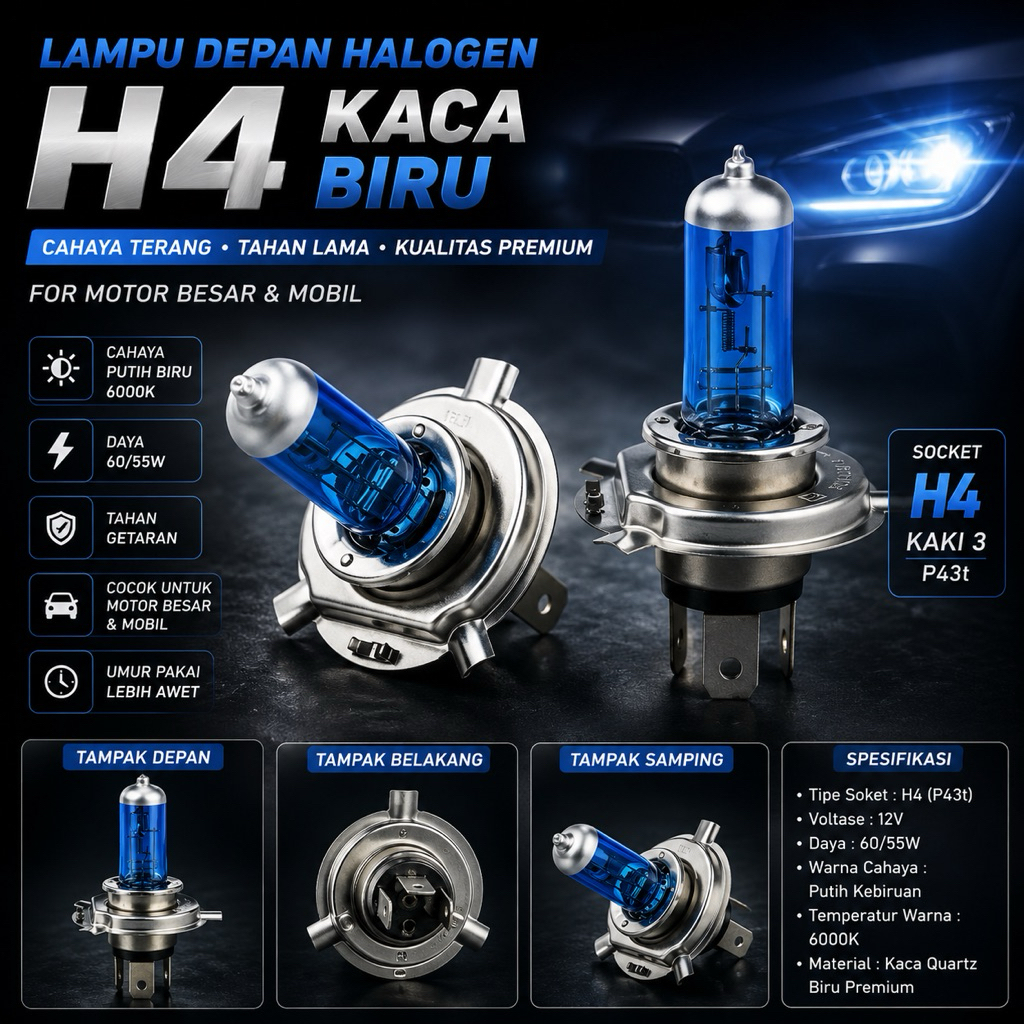 Lampu depan H4 halogen kaca biru | H4 motor mobil 35watt 1pcs
