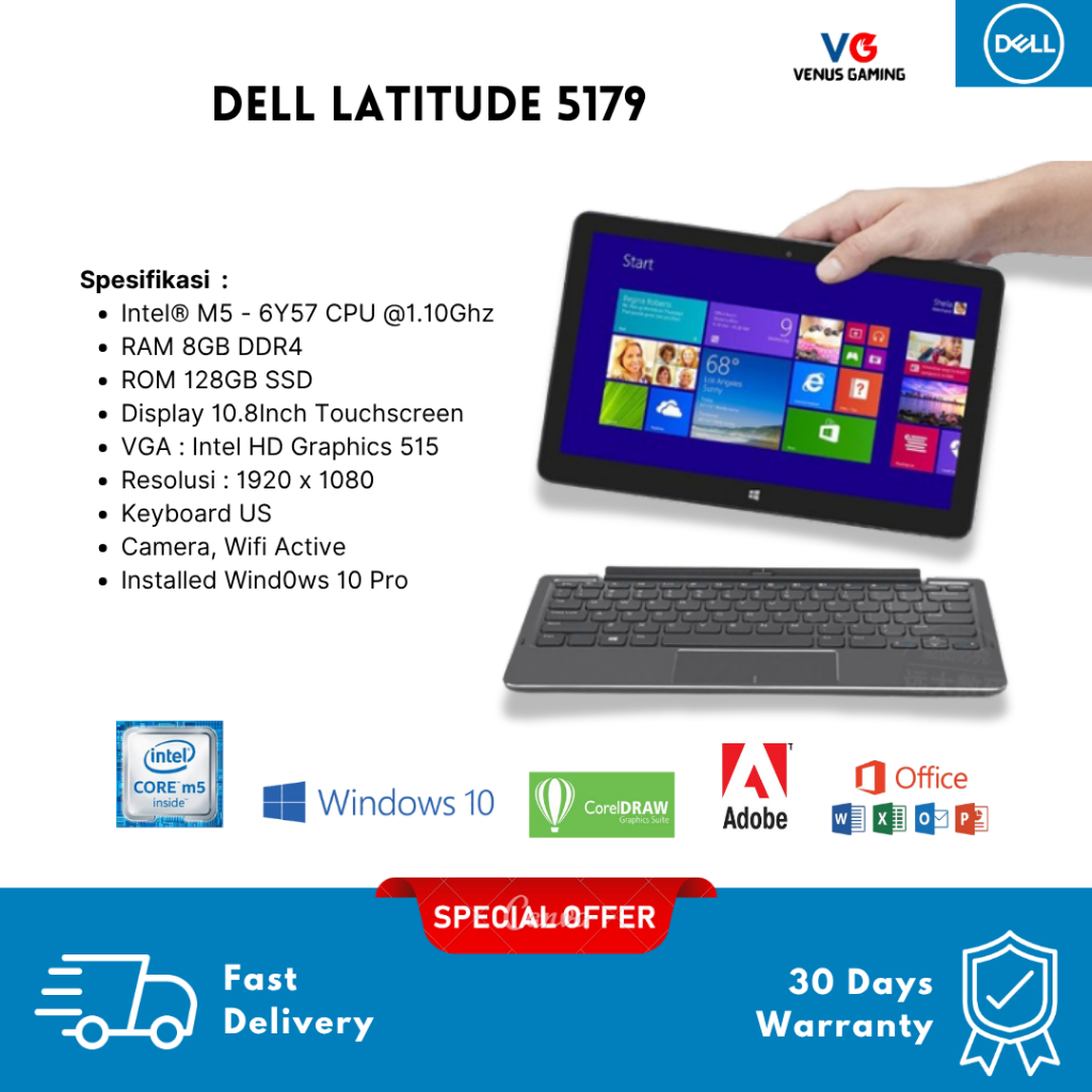 Laptop Tablet 10 Inch Dell 5179 Core M5-6y57 RAM 8GB Penyimpanan 128gb Layar 10 Inch