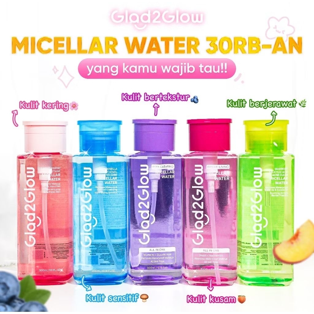 Glad2Glow Micellar Water 130ml series | Acne Clear | Yuja Vit C | Cherry Blossom | Tremella Pantheno