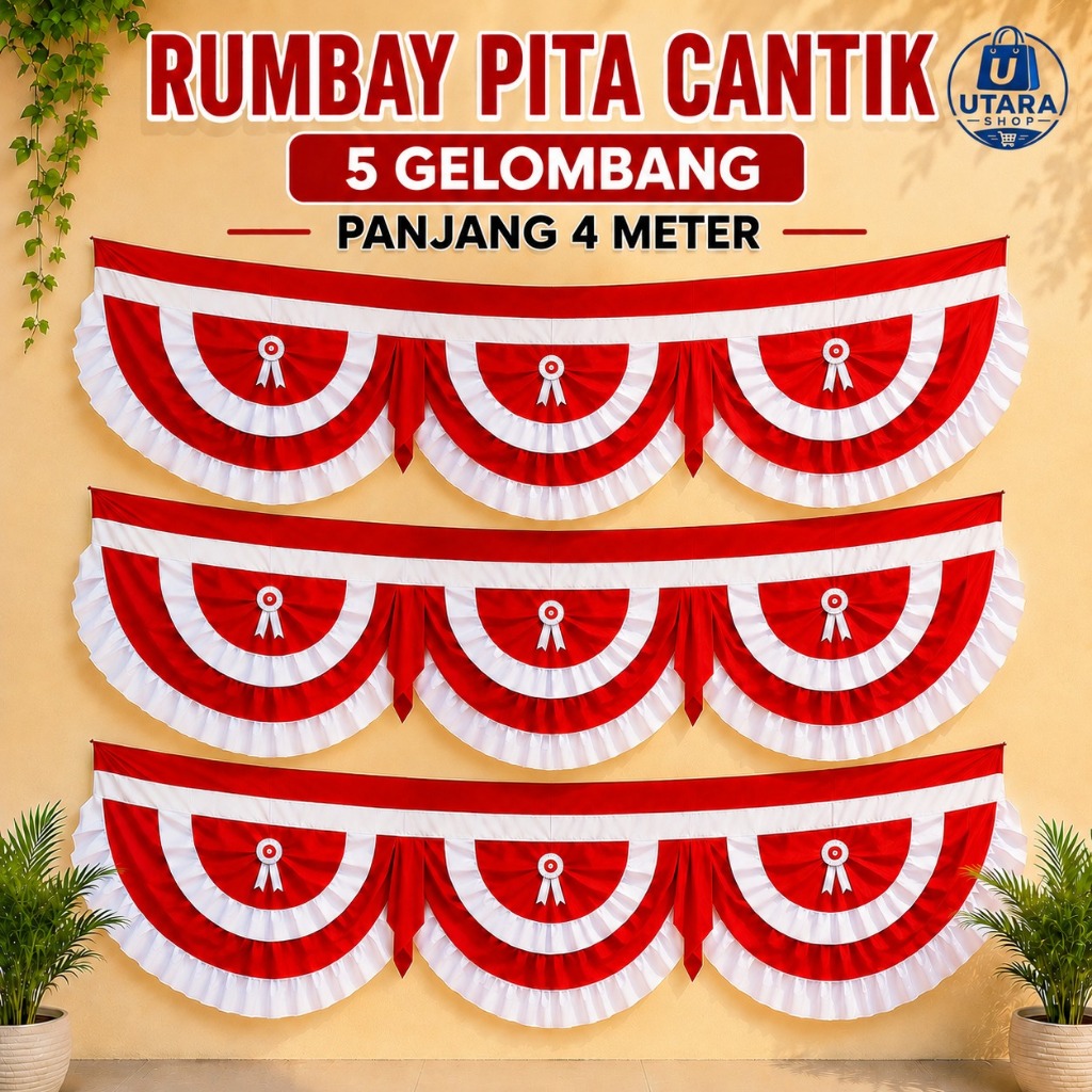 BEGRON Rumbay Pita Cantik Merah Putih – 5 Gelombang Panjang 4 Meter, Dekorasi HUT RI Premium