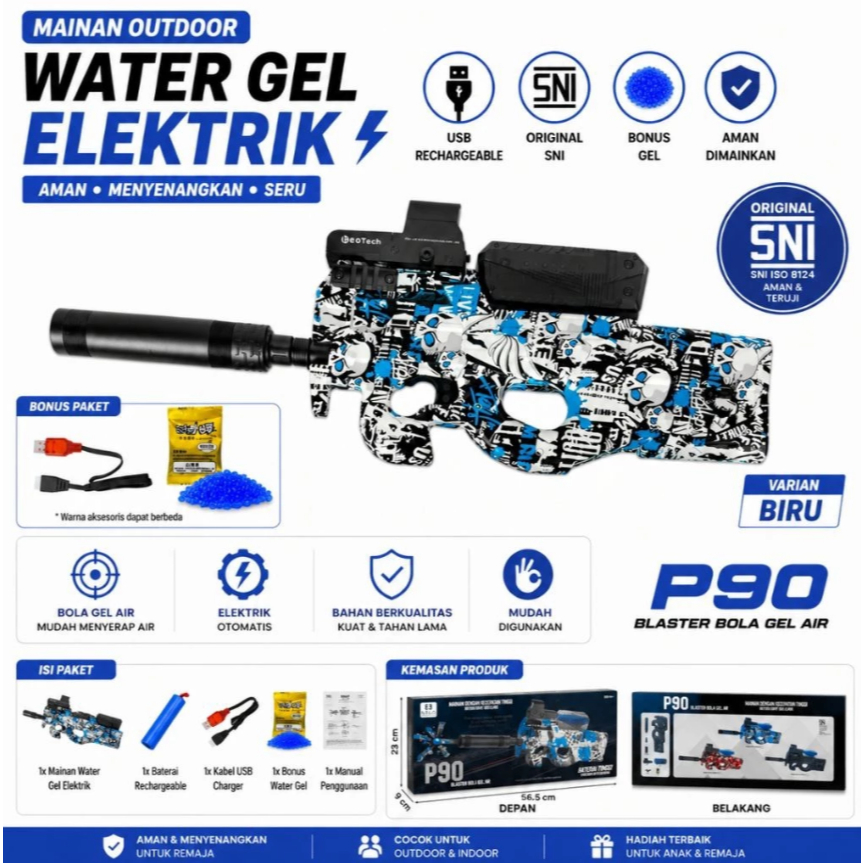 Mainan Tembakan Project P90 Biru Medium - Blaster Bola Gel Air - Tembakan Cepat dengan Baterai yang 
