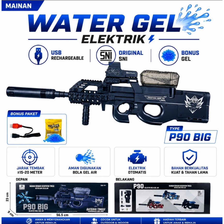 Mainan Tembakan P90 Hitam Big - Blaster Bola Gel Air - Tembakan Cepat dengan Baterai yang dapat diis