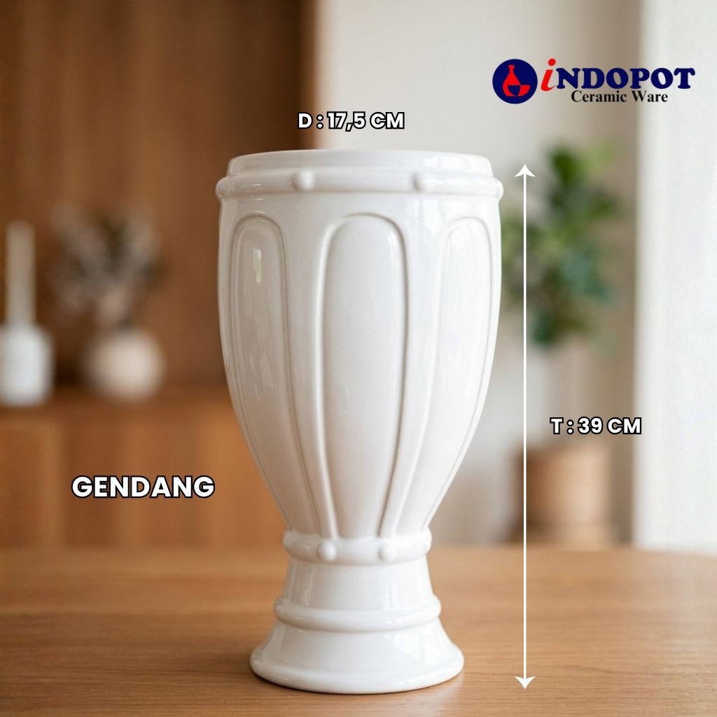 INDOPOT Vas Bunga Keramik Putih Gendang Tinggi 39cm - Vas Keramik Estetik Besar / Pot Bunga Luxury /