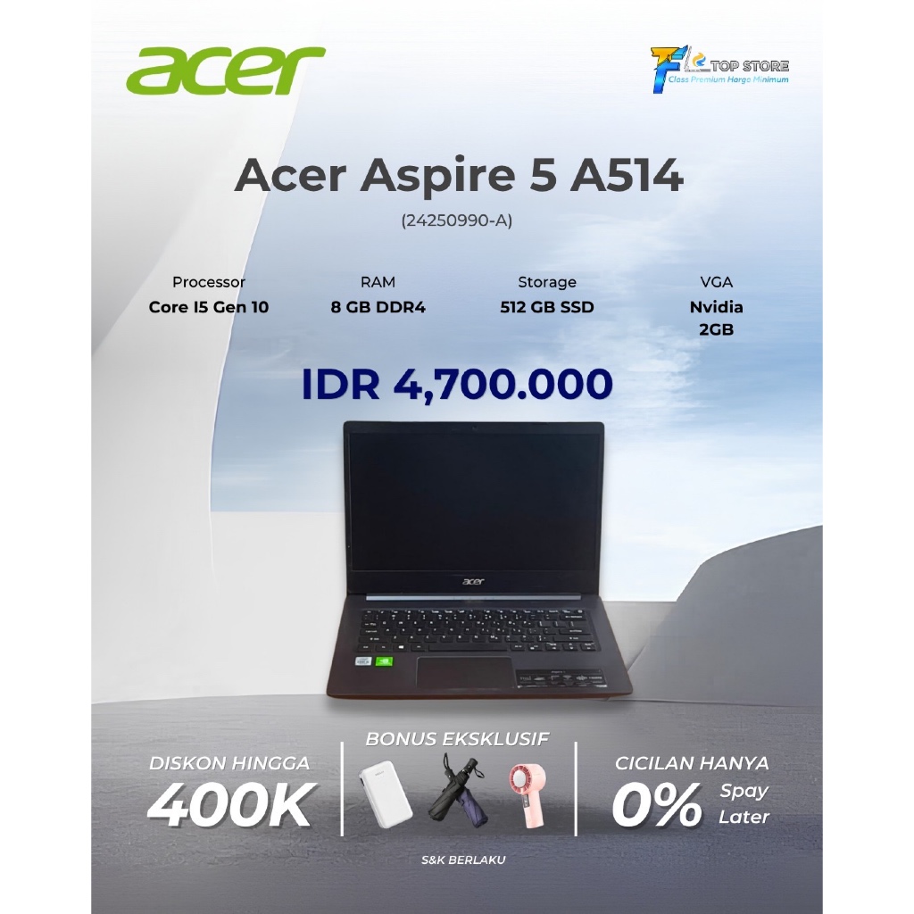 LAPTOP ACER ASPIRE A514 | CORE I5 GEN 10 | RAM 8/512GB | NVIDIA 2GB | LAPTOP KULILAH | NGANTOR DAN T