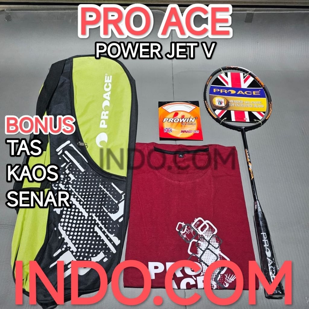 Raket Badminton Bulutangkis Pro Ace Power Jet V Original Tas Kaos Senar